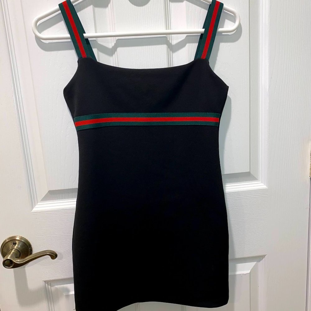 Black Mini Dress with Gucci Stripe and Straps